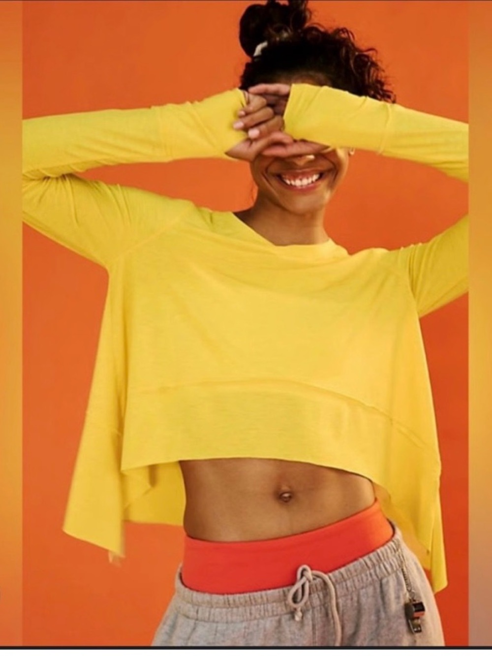 Free People Yellow Long Sleeve Cropped Tee